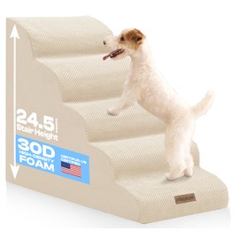 Miorun Curved Dog Stairs for High Beds Up to 30", 5-Step Dog Ramp for Large Dogs with Washable Cover, Non-Slip Steps for Cats to Get on Couch and Sofa, Durable Foam Ladders for Large Breeds, Beige