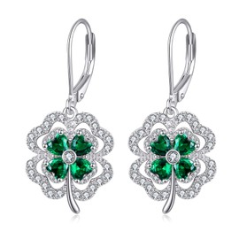 St Patricks Day Gifts for Women 925 Sterling Silver Clover Leverback Earrings Emerald Green Dangle Drop Shamrock Jewellery Birthday Gift