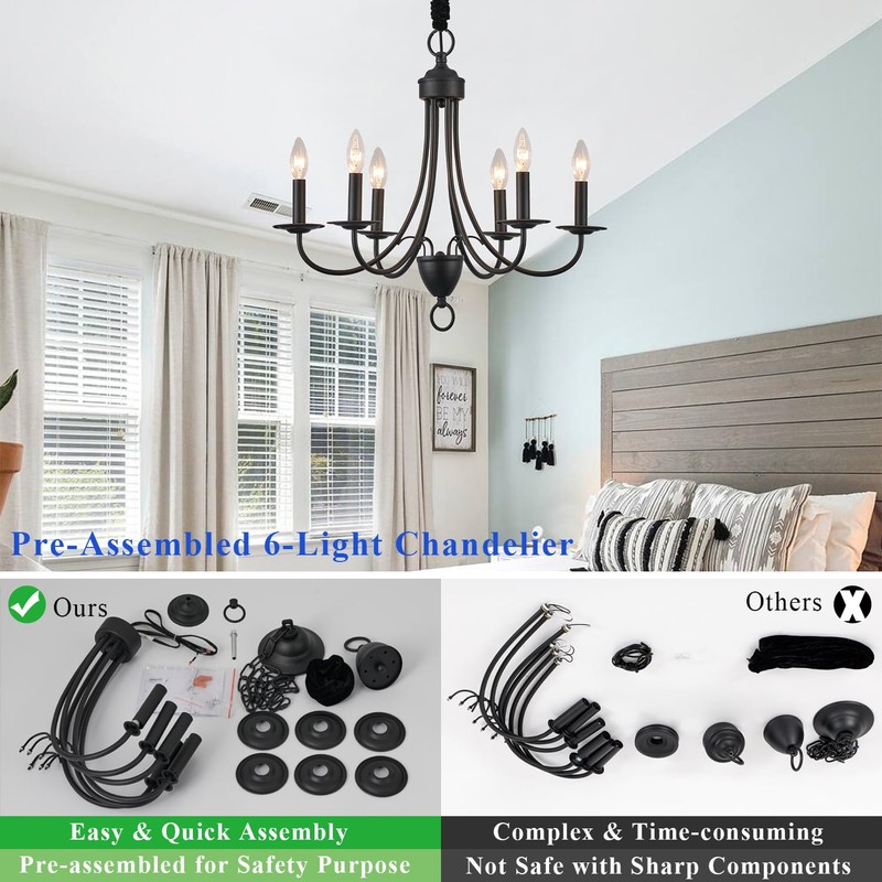 6-Light Black Farmhouse Chandelier,Industrial Modern Light Rustic Candle Style Hanging