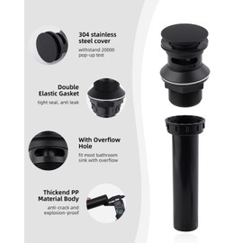 Hygie Rinse Bathroom Sink Stopper with Overflow, for Standard 1 3/4" Drain Opening, 2PCS Bathroom Sink Drain Rapid Draining Plastic Pop-up Sink Drain with Hair Catcher Anti-Clog Strainer, Matteblack
