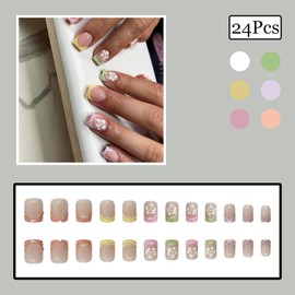 Embossed Water Ripples Press On Nails French Tip Summer Cute Fake Nails Acrylic Square False Stick on Nails Hibiscus Floral Full Cover Acrylic Nails Press ons Glue on Nails for Women Girls Manicure