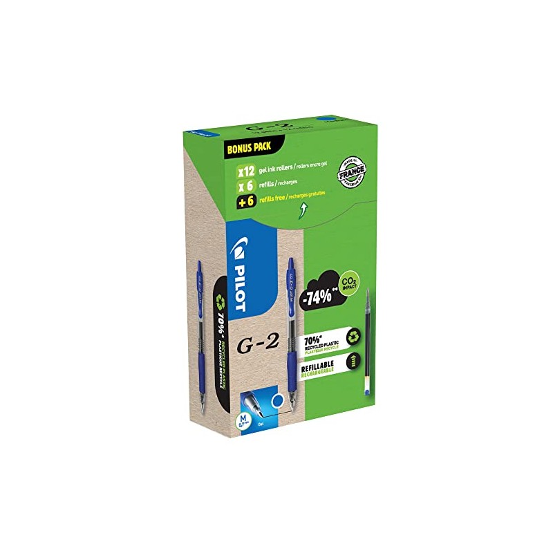 Pilot Greenpack G-2 Gel, 0.7mm, Blue, 12 Pens and 12
