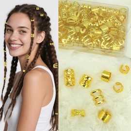 BSARECEY 60Pcs Gold Hair Jewelry for Braids Dreadlock Hair Cuffs Adjustable Braid Rings Loc Decorations Hair Charms for Women Accessories