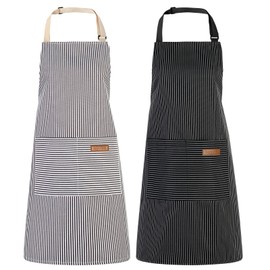 XLSXEXCL 2 Pack Kitchen Cooking Aprons, Adjustable Bib Chef Apron with 2 Pockets for Women Men, for Cooking, Cleaning, Gardening, Painting (Black/Grey Stripes)