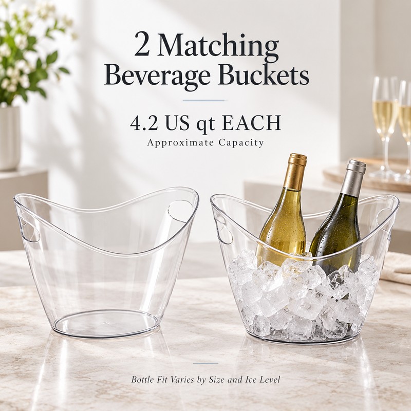 Clear Ice Buckets, 2-Pack Beverage Chiller Tubs with Built-In Handles,