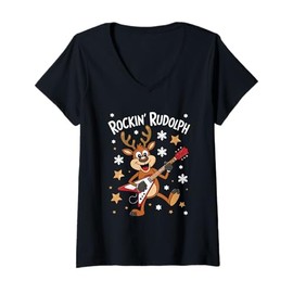 Womens Funny Rock Music Reindeer Christmas Morning Presents Costume V-Neck T-Shirt