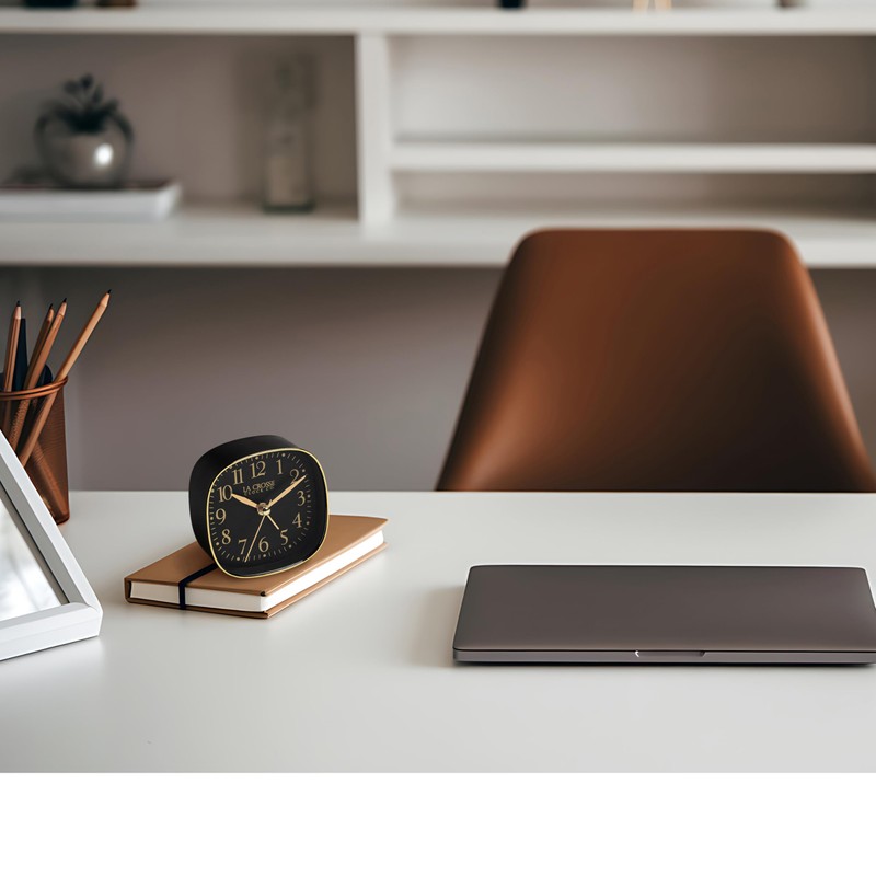 La Crosse Clock 617-379B Black Square Silent Sweeping Analog Alarm