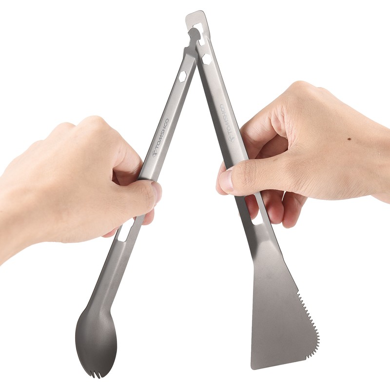 TOMSHOO Titanium Serving Tongs Multi-Purpose BBQ Tongs with Spork and