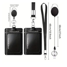 IDカードホルダー, ストラップ・クリップ付き, 社員証・名札・パスケース,本体PU素材,簡易包装 (縦型ブラック)