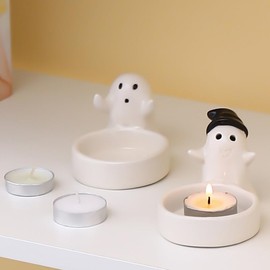 Set of 2 Halloween Ghost Candle Holders, Cute Halloween Decorations Indoor, Small Cartoon Ceramic Taper Tealight Candle Holder for Home Office Party Wedding Holiday Decor Gift, Not Included Candle