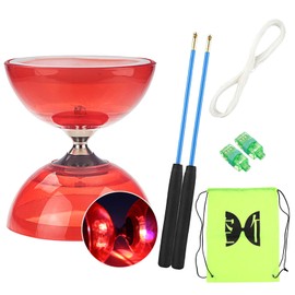 Triple Bearing Diabolo Set with LED Flashing Light - Professional Sticks, 10m Spare String and Mesh Carry Bag, Ball Bearings Juggling Set for Kids, Red