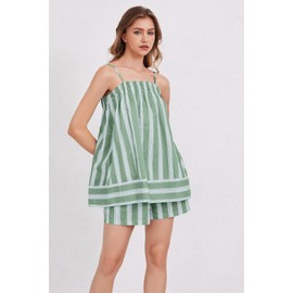 calbatic Women 2 Piece Lounge Set Striped Summer Pajama Set Sleeveless Peplum Cami Top and Wide Leg Shorts Set Beachwear Green