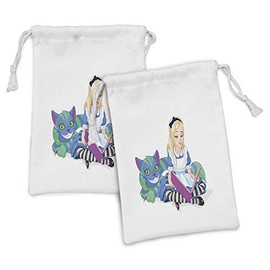 Ambesonne Alice in Wonderland Fabric Pouch Set of 2, Alice Reading Book Cat Colorful World Happiness Love Character Image, Small Drawstring Bag for Toiletries Masks and Favors, 9" x 6", Multicolor