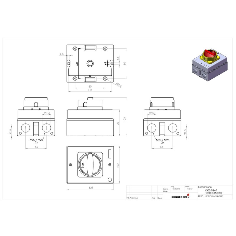 KlingerBorn 3-pole main switch and emergency stop switch, 11 kW