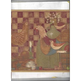 INTERNATIONAL * WALLPAPER BORDER FOLK ART PRIMITIVE ROOSTERS BIRDS COUNTRY BASKET RUSTIC