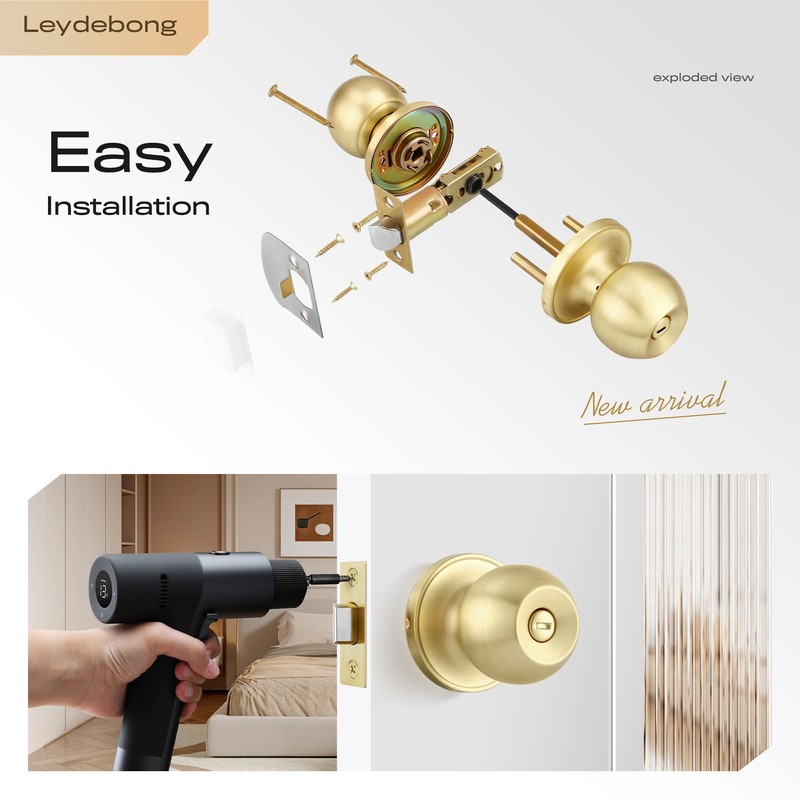 Leydebong 6 Pack Gold Ball Door Knobs with Lock, Keyless