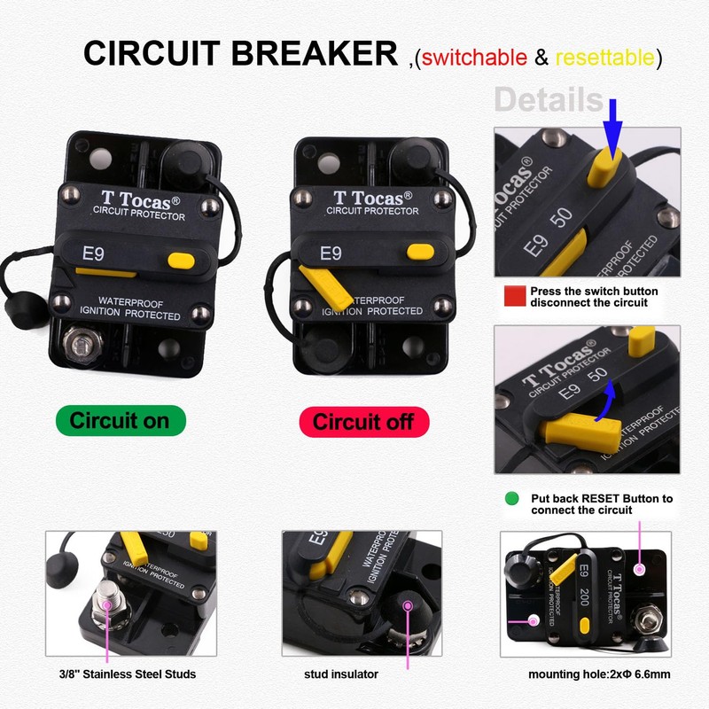 T Tocas E9 3/8" Studs 200 Amp Circuit Breaker with