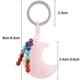 KYEYGWO Crystal Moon Keychain for Women, 7 Chakra Beads Tassel Keyring Decor, Handmade Lucky Lanyard Pendant Keychain, Rose Quartz