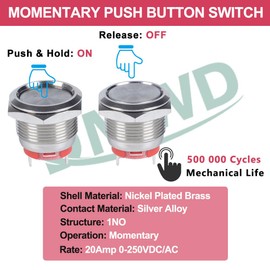 DMWD 19mm Heavy Duty Momentary Metal Push Button Switch Waterproof Large Current 20Amp 12V 24V 110V (ON)-Off 1NO Short Height for 3/4" Mounting Hole Without LED 2 Pins with Harness
