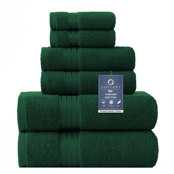 COZYART Dark Green Bath Towels Set, Turkish Cotton Hotel Large Bath Towels Bulk for Bathroom, Thick Bathroom Towels Set of 6 with 2 Bath Towels, 2 Hand Towels, 2 Washcloths, 650 GSM