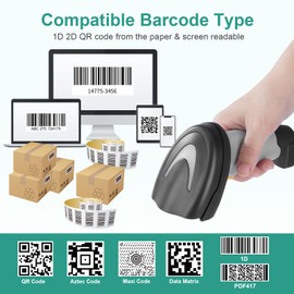 Barcode Scanner, Handheld QR Code Scanner USB Wired Connection 1D 2D&PDF417 Data Matrix Automatic Barcode Reader Plug and Play Bar Code Scanners for Store Supermarket Warehouse Library