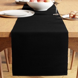 Encasa XO Dining Table Runner | Yarn Dyed Fine Ribbed Cotton | Size 32x200 cm | Solid Black | Machine Washable