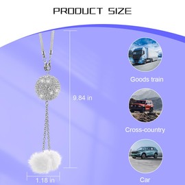 Sandfren Bling Car Hanging Ornament for Rearview Mirror, Crystal Rhinestones Fuzzy Plush Ball Vehicle Mirror Hanging Charm, Diamond Auto Interior Rear View Decor Pendant, Universal Fit (White)