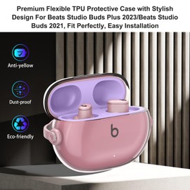 Aircawin Secure Lock for Beats Studio Buds Plus Case Cover 2023,Cute Headphone Style for Beats Studio Buds Case Clear 2021,Shockproof Soft TPU Skin for Beats Cover with Carabiner&Cleaning Pen-Pink