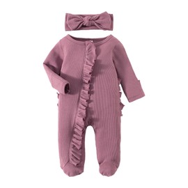 YINGISFITM Newborn Coming Home Outfit Girl Boy Zip Up Ruffle Footie Romper Jumpsuit Waffle Knit Onesie Hospital Clothes (Purple, 0-3 Months)
