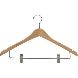 The Great American Hanger Company Curved Wood Combo Hanger w/Adjustable Cushion Clips, Box of 100 17 Inch Wooden Hangers w/Natural Finish & Chrome Swivel Hook & Notches for Shirt Jacket or Dress