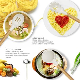 oannao Silicone Cooking Utensils Set - 446°F Heat Resistant Silicone Kitchen Utensils for Cooking,Kitchen Utensil Spatula Set w Wooden Handles for Non-Stick Cookware, BPA FREE (Cream White)