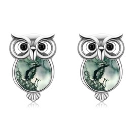 Cuoka Owl Stud Earrings 925 Sterling Silver Moss Agate Owl Earrings, Cute Owl Animal Pierced Earrings Jewelry for Women Owl Lovers
