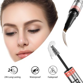 Microblading Brow Pen for Women & Grils, Brow Gel Clear Para Cejas, 2 in 1 Clear Eyebrow Gel Curved Design Eyebrow Pencil with 4-Prong Applicator, Natural Hair-Like Strokes, Last All Day(Black)