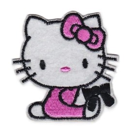 Cute Pink Kitty Cat Pink Dress Sitting with Black Ribbon Iron-On or Sew-On Patch, 2.5" x 2.6"