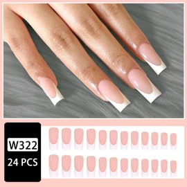 JUSTUSNX 24pcs Square French Fake Nails Nude Pink False Nails Mid Length Press on Nails for Women and Girls (B)