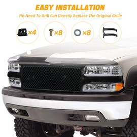 Gloss Black Mesh Front Grille Compatible For 1999-2002 Silverado 1500 2500 3500, ABS Plastic Luxury Sport Mesh Style Front Hood Grills Trim Insert Replacement GM1200490 19131244