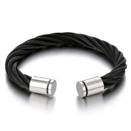 COOLSTEELANDBEYOND Large Elastic Adjustable Steel Twisted Cable Cuff Bangle Bracelet for Mens Womens Silver Black Color