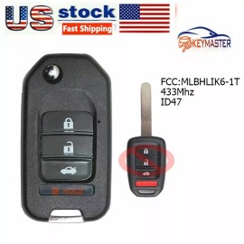 KeyMaster Upgraded Flip Remote Key FOB for 2016-2020 Honda Accord Civic 433MHz MLBHLIK6-1T