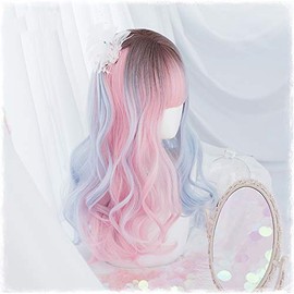 Double Color Brown Gradient Pink and Blue Long Curly Synthetic Hair Wigs Lolita Japanese Sweet Cosplay Party Natural Wigs