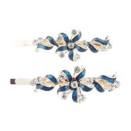 Women's Evening Sparkling Crystal Diamante Clear Enamel Pair 6 cm Hair Clips Swirly Flower (Turquoise)