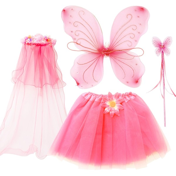 Fedio 4Pcs Girls Princess Fairy Costume Set with Wings, Tutu, Wand and Floral Wreath Veil for Children Ages 3-6 (Pink)
