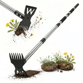 AOKALA 60" Weed Puller Tool with Long Handle, Heavy Duty 2-in-1 Stand Up Weeding Tool & Garden Hoe, Manual Weed Remover and Hand Rake for Yard, Lawn, Patio Gardening