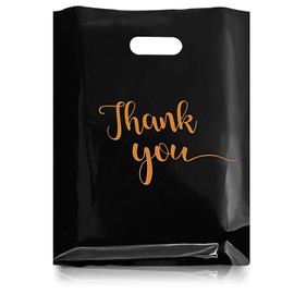 Xugoox 100Pcs Thank You Merchandise Bags, 12x15In Retail Shopping Bags with Handle Reusable Plastic Goodie Bags for Goodie Small Business Trade Stores Boutique Clothes Party Favor (Black)
