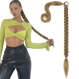 Braided Ponytail hair extensions 30Inch Long Braided Ponytail Extension with Hair Tie Straight Wrap Around Hair Extensions Ponytail Synthetic Hairpieces for Women (Dark Gold)-8#