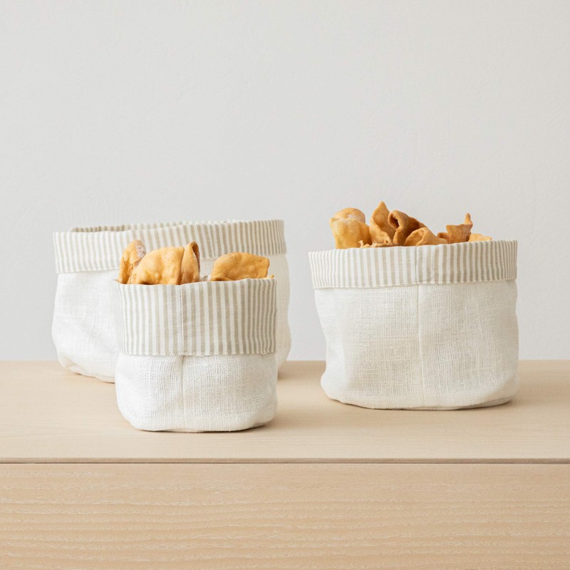 LinenMe Beige White Striped Linen Cotton Basket Jazz, MEDIUM (20