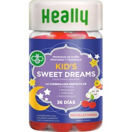 Suplemento Infantil para Dormir – Heally, SIN Melatonina, Kid’s Sweet Dreams, Sabor Cereza, L-Teanina / Magnesio / Toronjil / Manzanilla, 100% Natural y Veganas, Sin Glúten