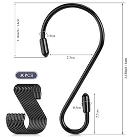 Hotop 36 Pieces 3.15 Inch S Shaped Stainless Steel Hooks Metal Hanging Hooks Curtain Hooks Pan Pot Holder Rack Hooks for Hanging Pot, Pan, Cups, Plants, Bags, Jeans, Towels (Black)