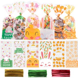 DERAYEE Cellophane Bags, 120 Pieces Easter Cellophane Bags, Candy Bags with 150 Pieces Twist Ties, Easter Children's Party Candy Bags