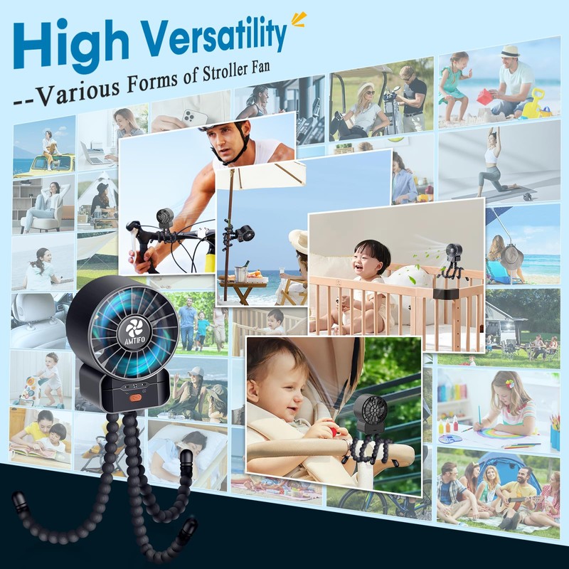 AMTIFO 2-Pack Stroller Fan for Baby: USB Rechargeable, Quiet, Adjustable