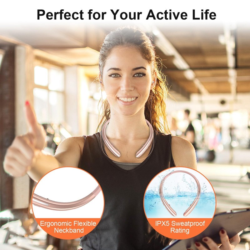 Bluetooth 5.0 Neckband Bluetooth Headphone, Sweat Resistant Noise Cancelling Stereo